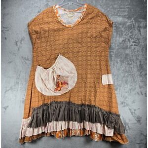 Tina Givens Handmade Lagenlook Patchwork Dress Ruffle S/M Boho Orange Brown